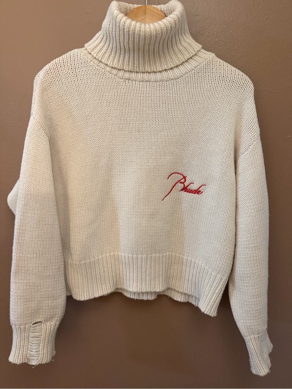 RHUDE Women’s Cream Knit Turtleneck Sweater Embroidered Logo S CASHMERE blend